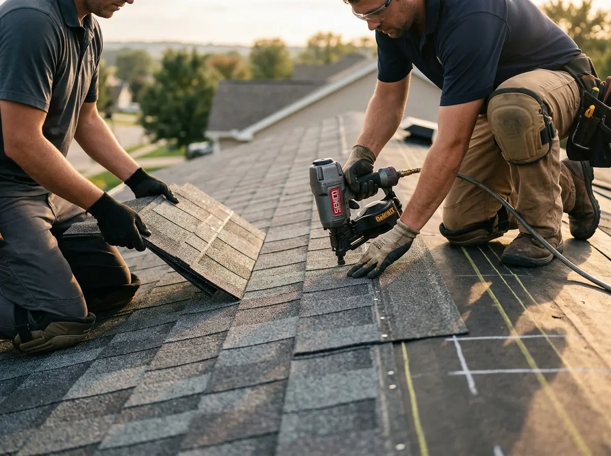 Professional roofer working on a residential roof in New Sewickley